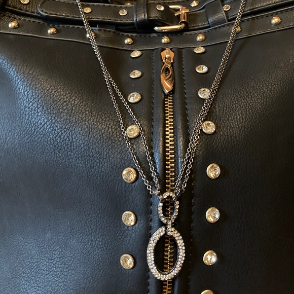 Necklace, 2 Hoops of Faux Crystals, Double chain meets at the top of the pendant - Picture 2 of 14